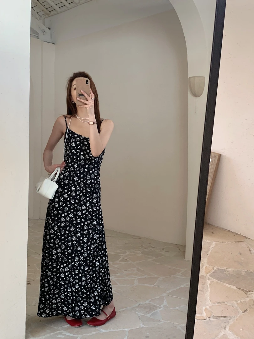 复古小众吊带印花收腰通勤长裙裙子连衣裙碎花高腰夏季春夏