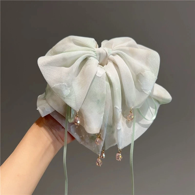 新款法式甜美印花网纱大蝴蝶结马尾抓夹半扎发发夹头饰发饰女4072