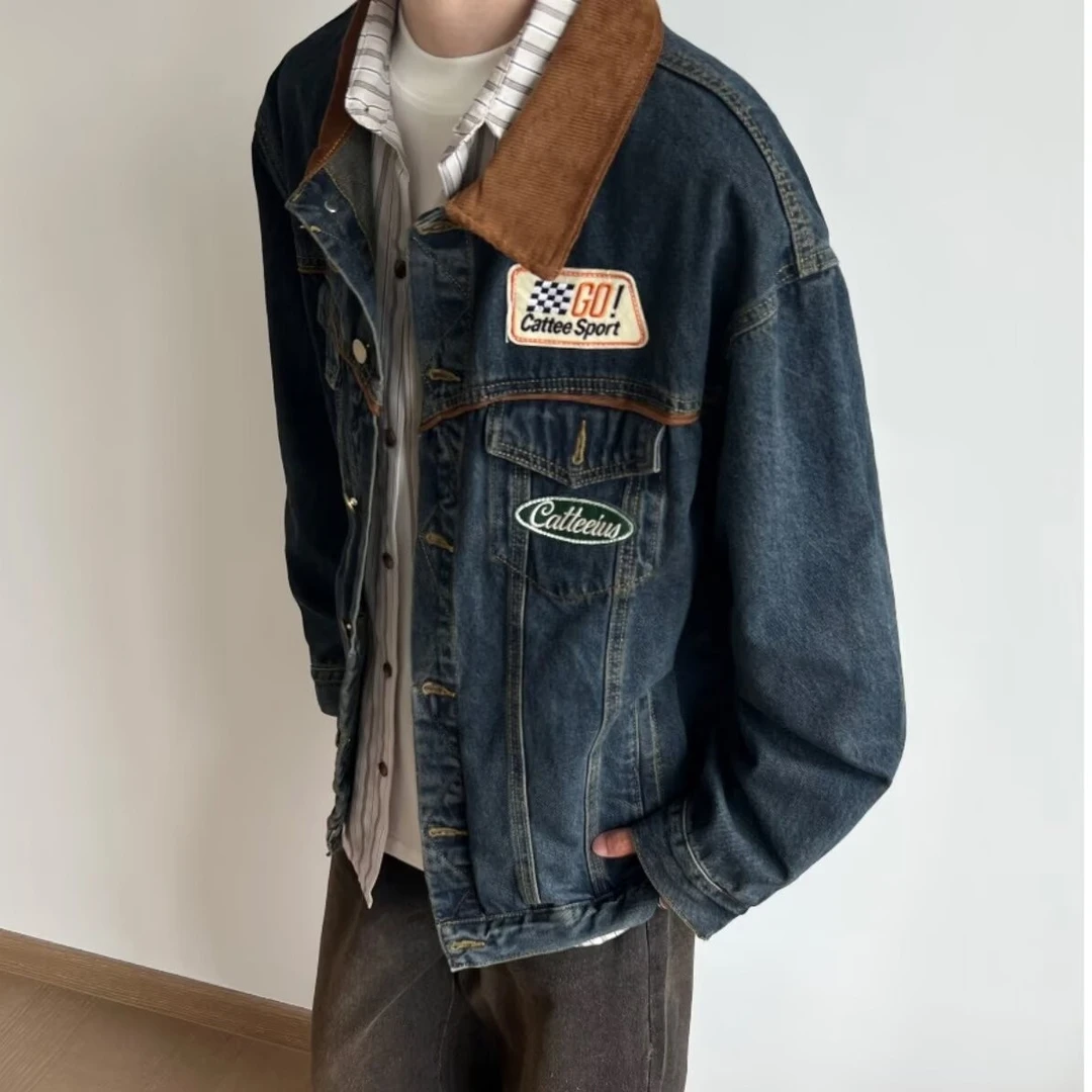 春秋新款美式复古牛仔外套男女机车潮牌翻领夹克宽松撞色情侣上衣