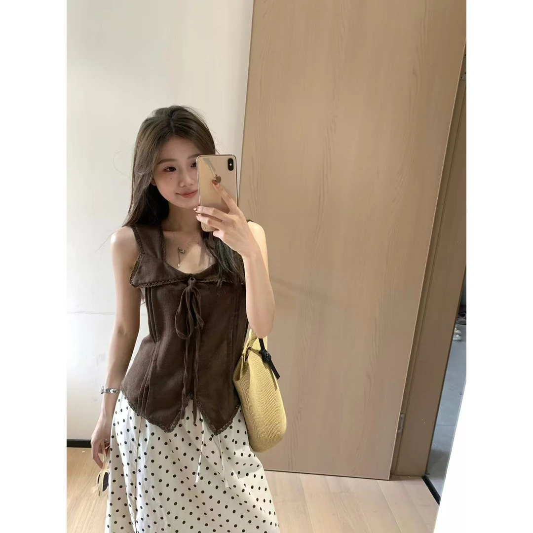 韩11bm蕾丝拼接吊带背心女辣妹蝴蝶结系带收腰显瘦无袖上衣配发圈