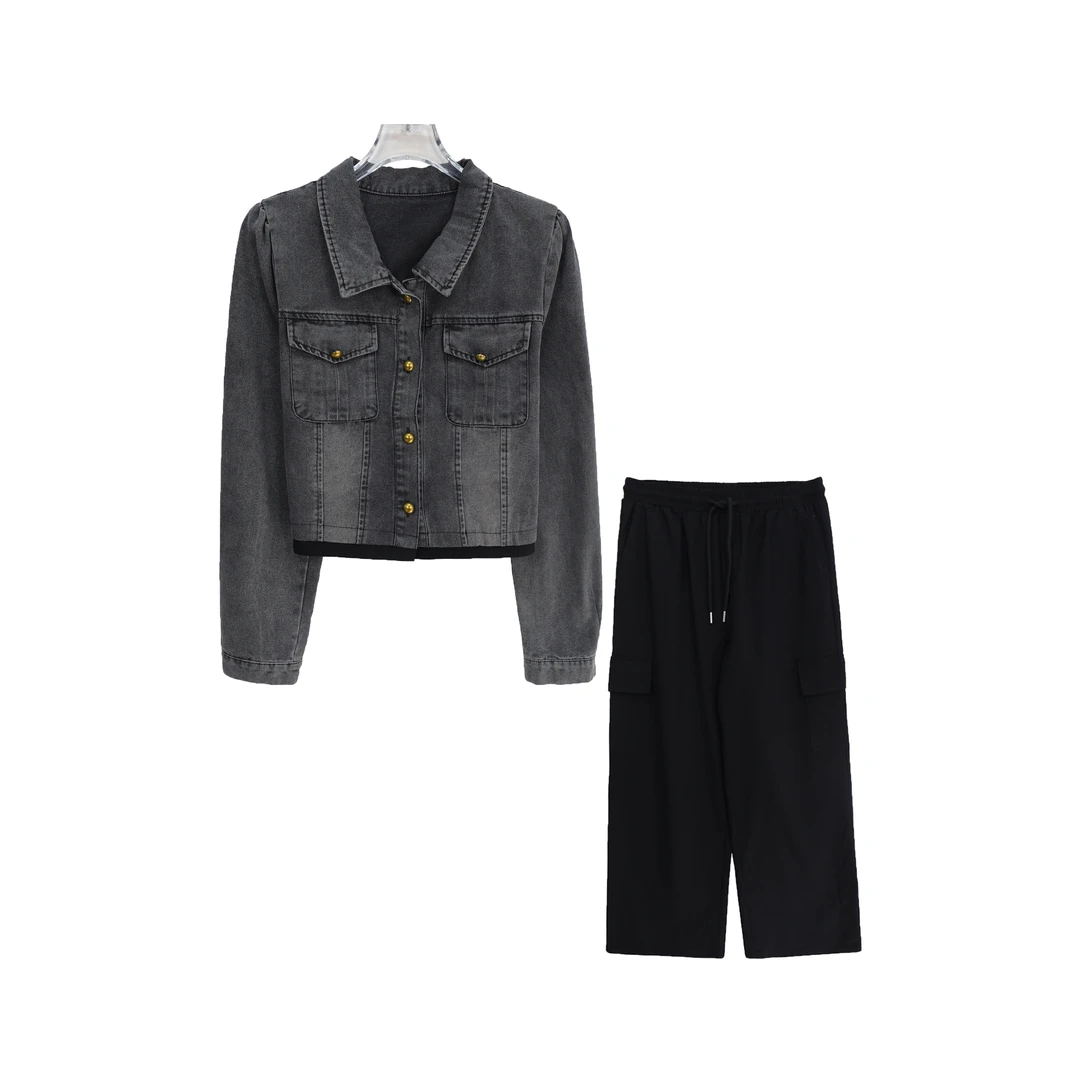 S牛仔拼接单排扣短上衣工装风阔腿裤套装S4129