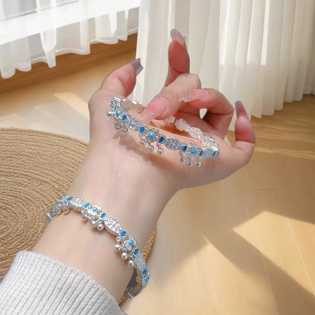 足银手镯 A12足银999.9软银好调节蓝楹花实心轻奢小众国风银镯