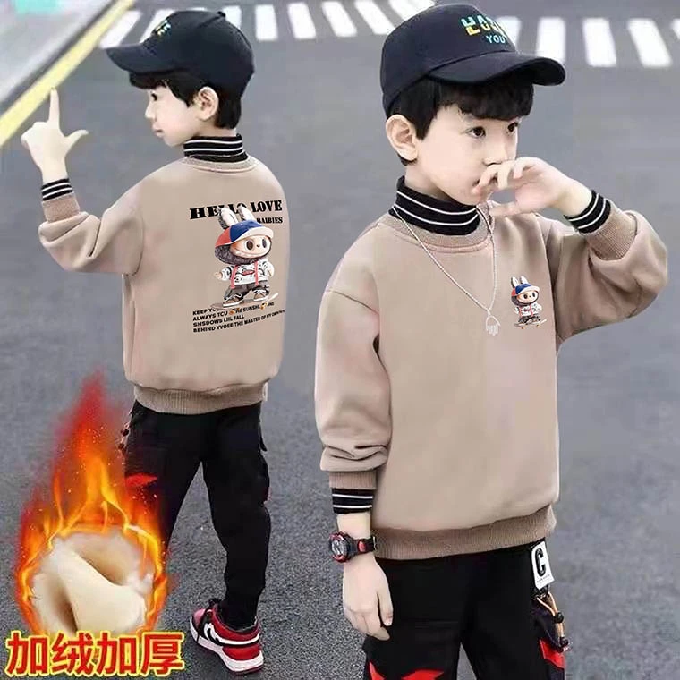 男中童加绒高领卫衣拉布布新款儿童男小中大童宽松外套上衣秋冬季