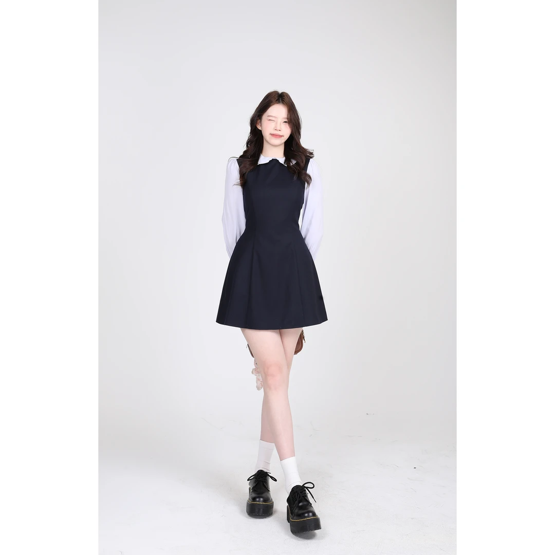 金川川  安妮日记 韩系高级设计假两件娃娃领花边拼接显瘦连衣裙