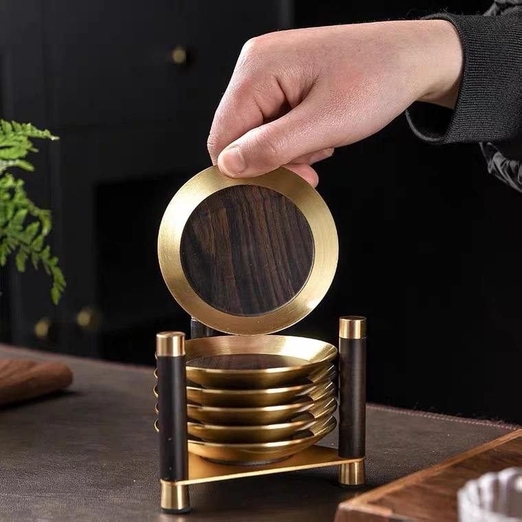 高档铜木茶杯垫轻奢新中式茶道实木茶垫茶托创意茶具杯垫木质隔热