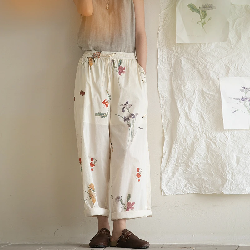 牧衣游原创印花新疆棉裤子宽松百搭国画文艺休闲阔腿裤 九月晴欢