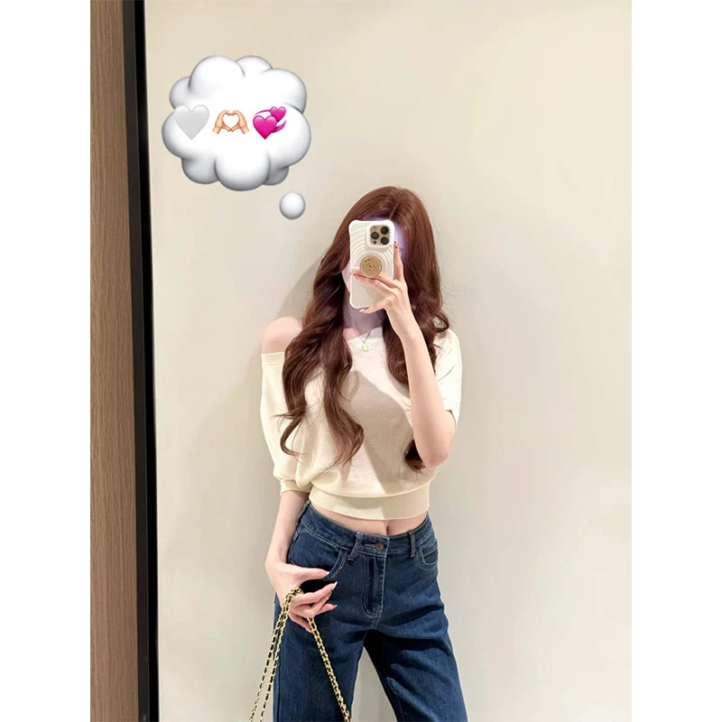 韩系杏色斜肩短款针织衫女纯欲辣妹修身显瘦套头上衣高腰牛仔裤子