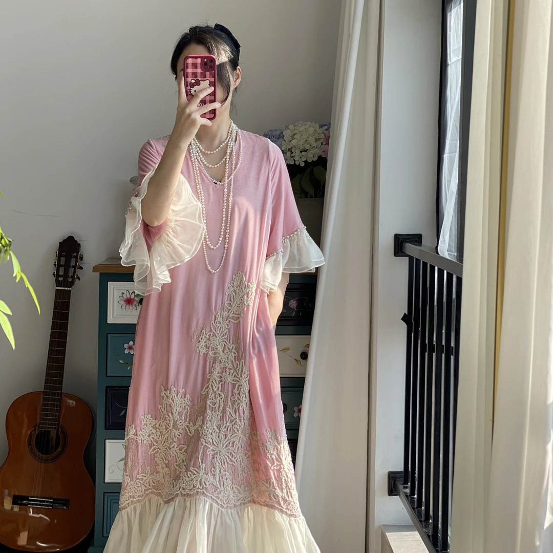 （一弯）公主洋气V领休闲长裙裙子短袖飞飞袖连衣裙时尚气质宽松