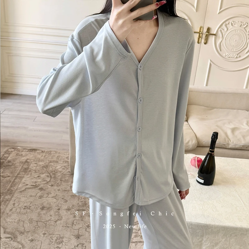 慵懒睡衣女春季新款莱赛尔舒适简约长袖开衫家居服薄款纯色可外穿