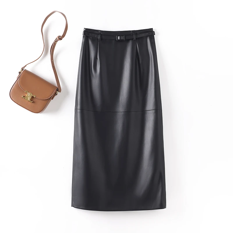 海宁真皮皮裙女半身裙高腰开叉一步长裙皮裙包臀KFLD-1908