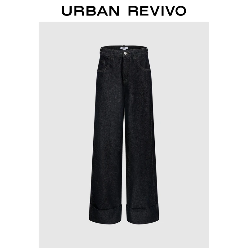 UR2025秋季新款女装复古休闲棉质阔腿卷边牛仔长裤UYY850204