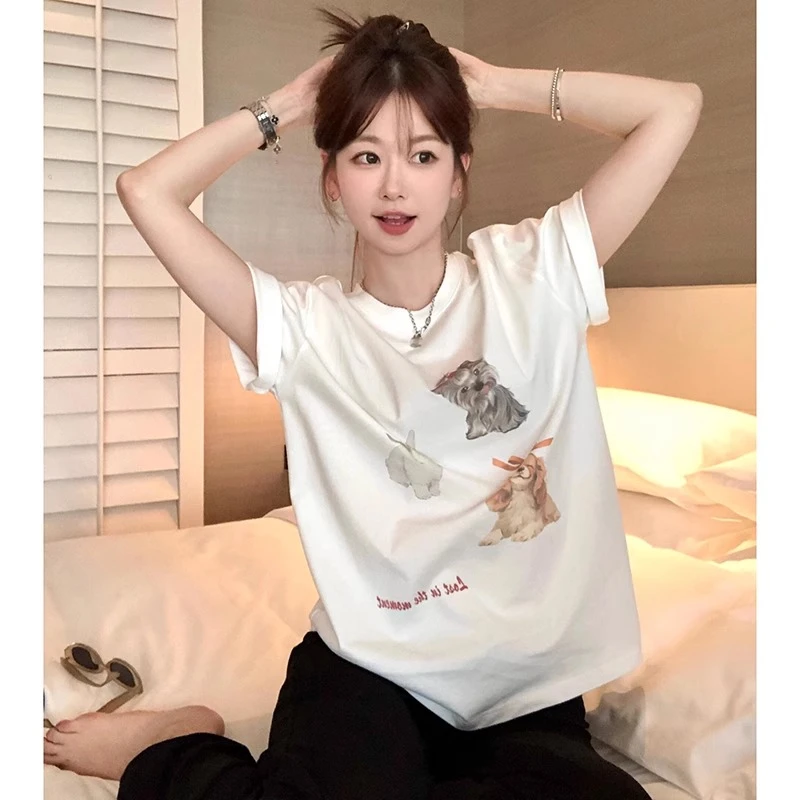 白色趣味小狗印花圆领短袖T恤女爆款夏季新款韩版慵懒宽松上衣ins
