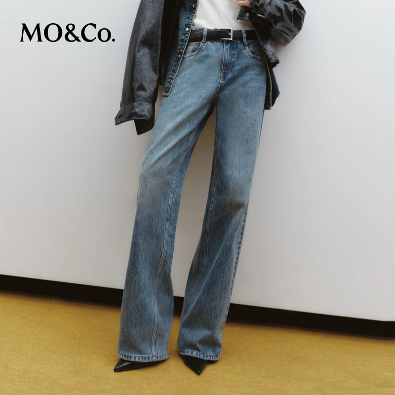 MOCO秋宽松阔腿及地做旧破洞牛仔裤MBD3JENT05