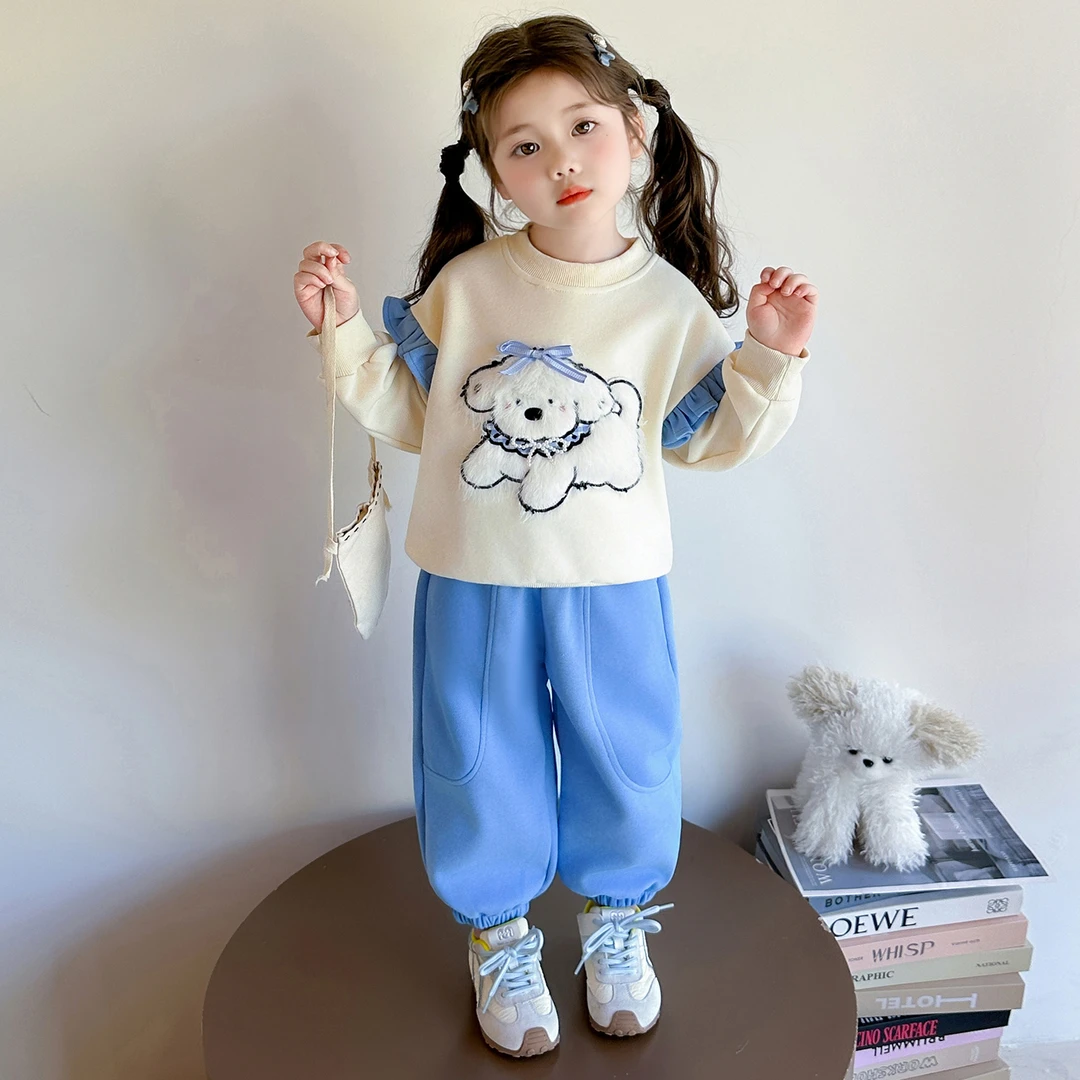 女童春秋两件套装2025新款洋气时髦儿童花边卫衣女孩宝宝秋装套装