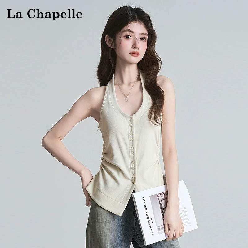 拉夏贝尔无袖挂脖背心吊带女2025新款收腰显瘦针织U领气质上衣夏