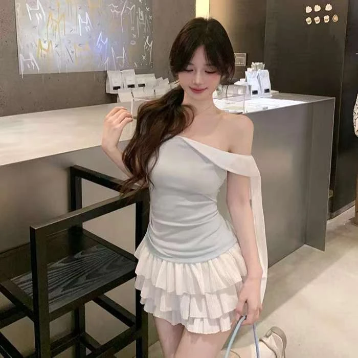 【海盐冰淇淋】韩系甜美少女2025夏季拼色系带上衣配蛋糕短裙两件套