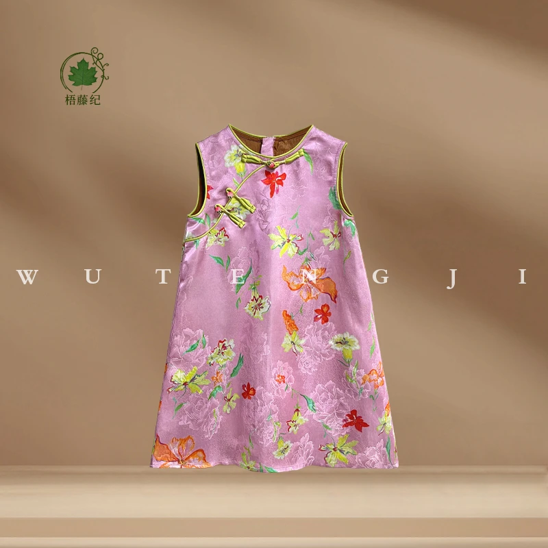 现货【芈婳】2025夏季新款国风女童花卉图案无袖包边连衣裙25XT782