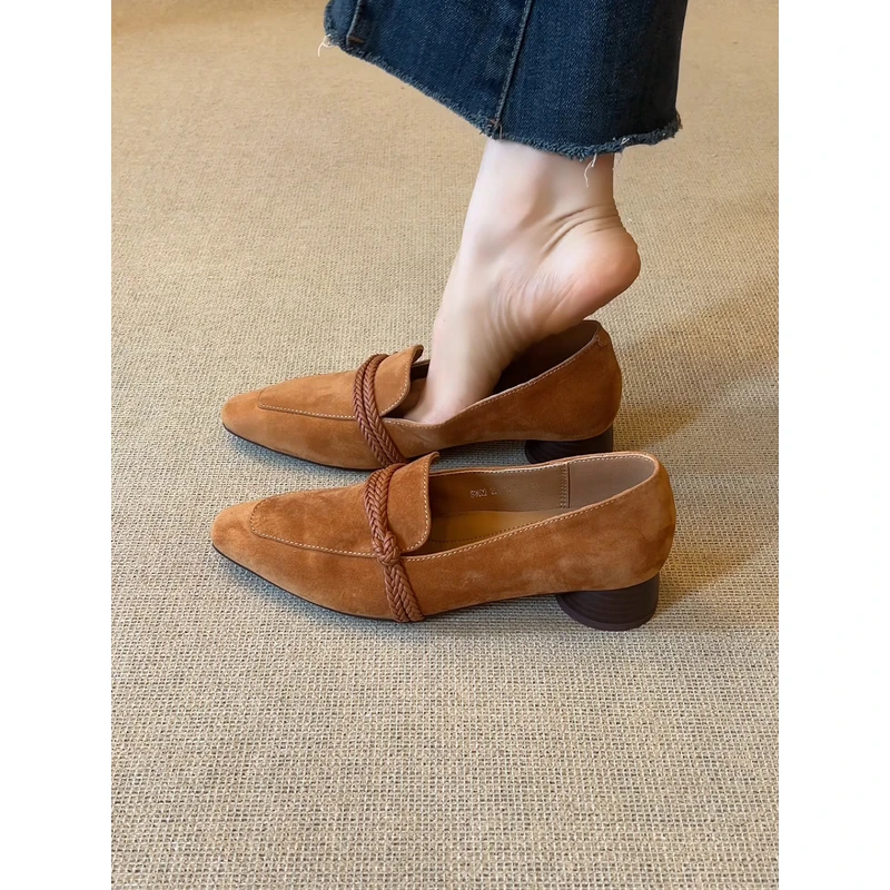 nnmiss·34-40/3cm磨砂羊猄皮复古风方头编织带中口一脚蹬粗跟单鞋