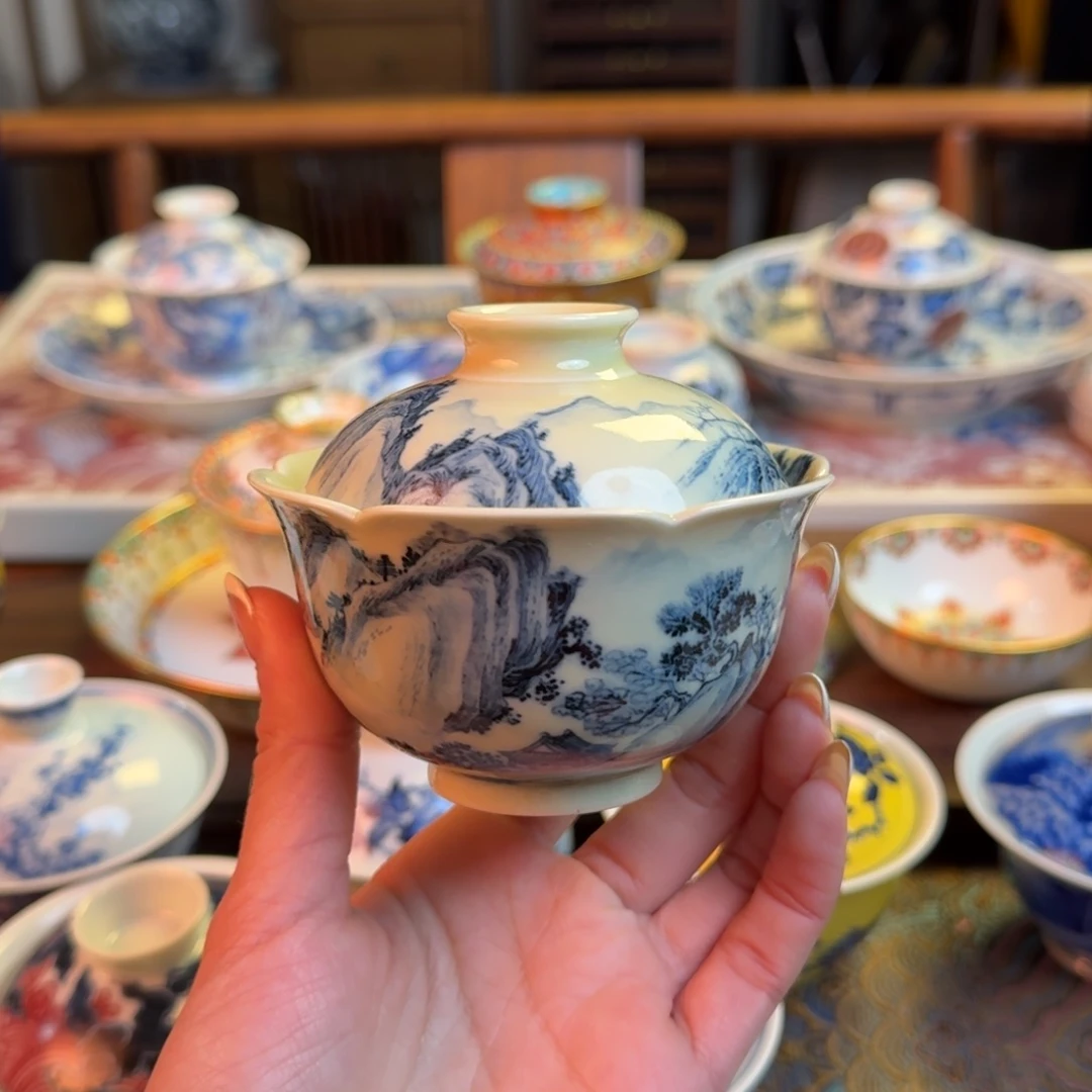 杯重工山水仿古泥盖碗纯手绘