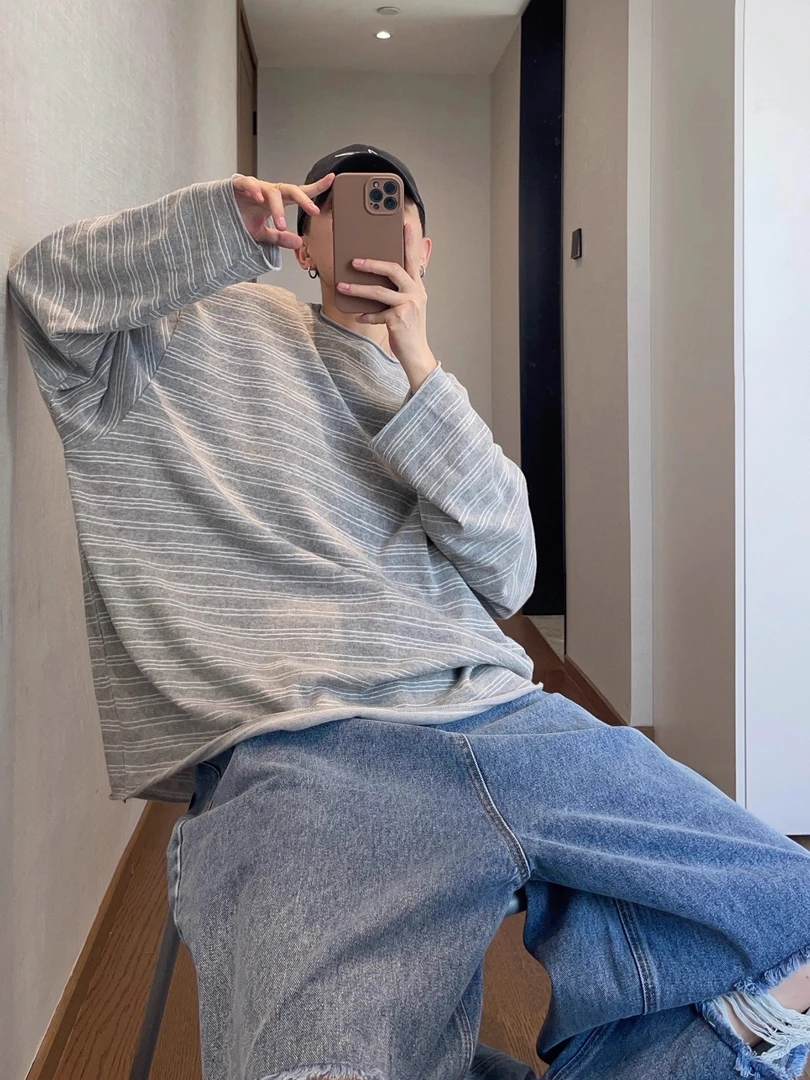 秋季复古百搭宽松毛边圆领条纹长袖T恤打底衫男薄款