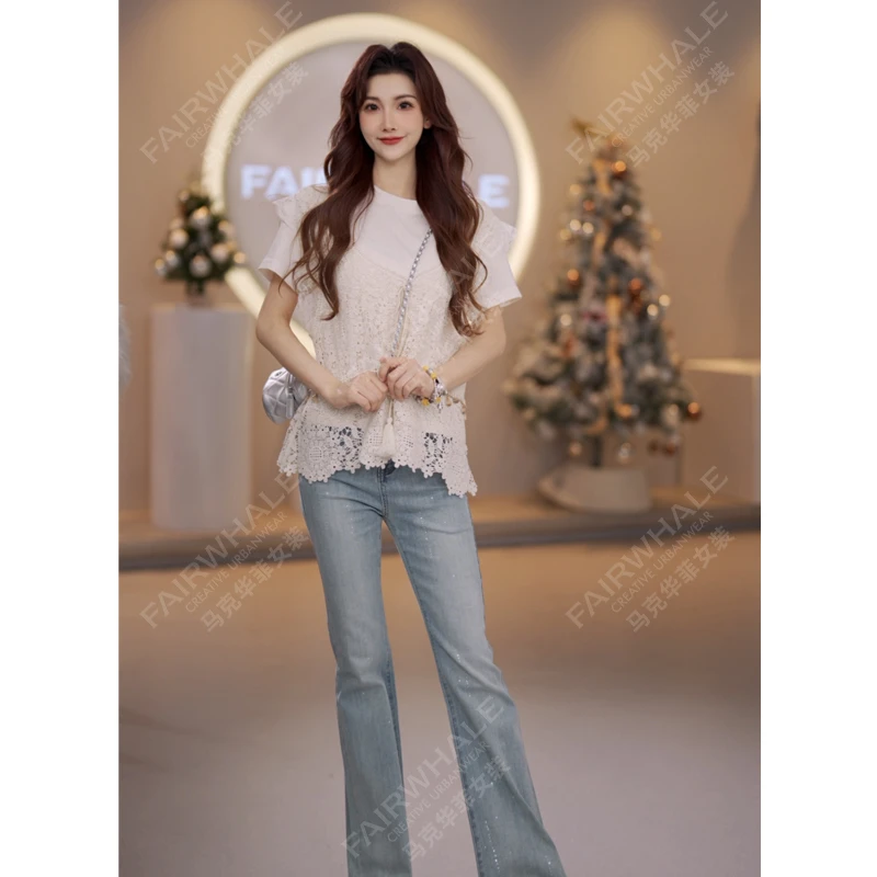马克华菲女装春夏新品时尚圆领蕾丝钩花背心+短袖T恤两件套上衣女