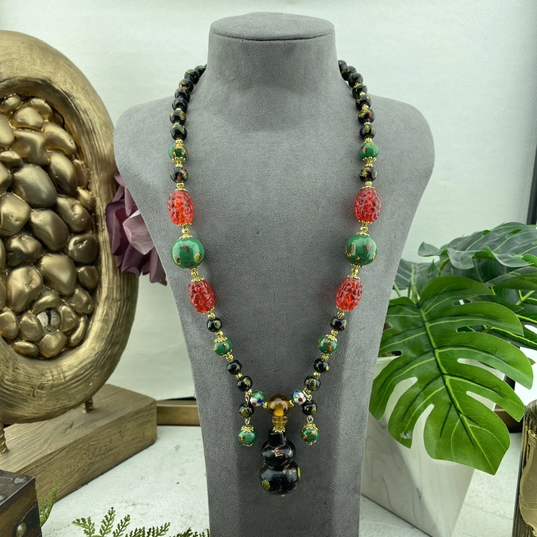 铜合金琉璃项链 凤眼小葫芦项链手工气质轻奢时尚百搭复古彩色