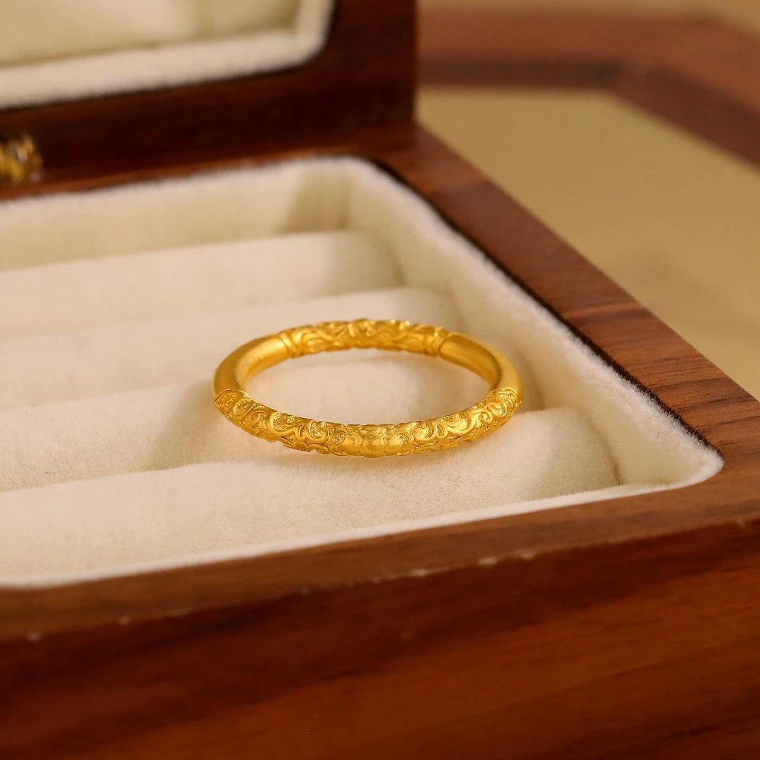 铜合金戒指 紫荆花卷草纹戒指时尚素圈花纹指环2025气质百搭手饰