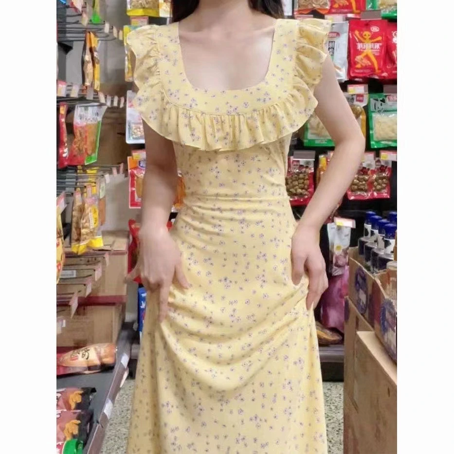 荷叶领法式温柔风甜美减龄田园风碎花连衣裙女中长款气质方领荷叶