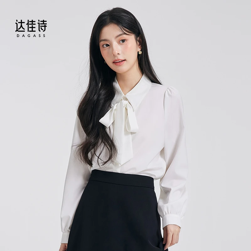 达佳诗-法式佳人 白色衬衫女金秘书优雅蝴蝶结绑带通勤长袖衬衣