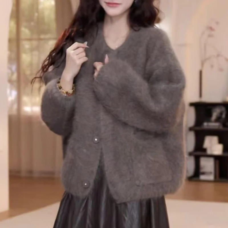 网红款韩系女装秋冬慵懒风毛感毛衣外套宽松显瘦长袖开衫半身裙