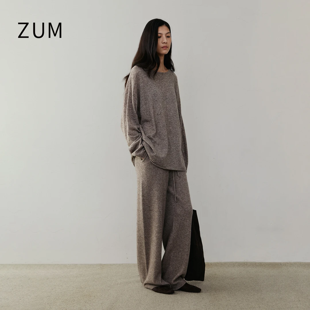 ZUM |32%牦牛绒 |圆领毛边毛织上衣25冬新款软糯针织衫休闲裤套装