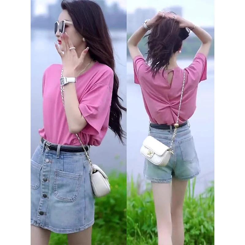 网炸街套装女夏装露背上衣牛仔半身裙时尚减龄小香风高级感两件套