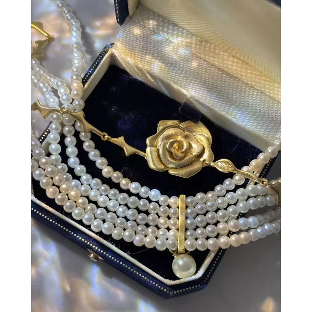 铜合金仿珍珠项链 法式复古玫瑰贝珠项链 B0915