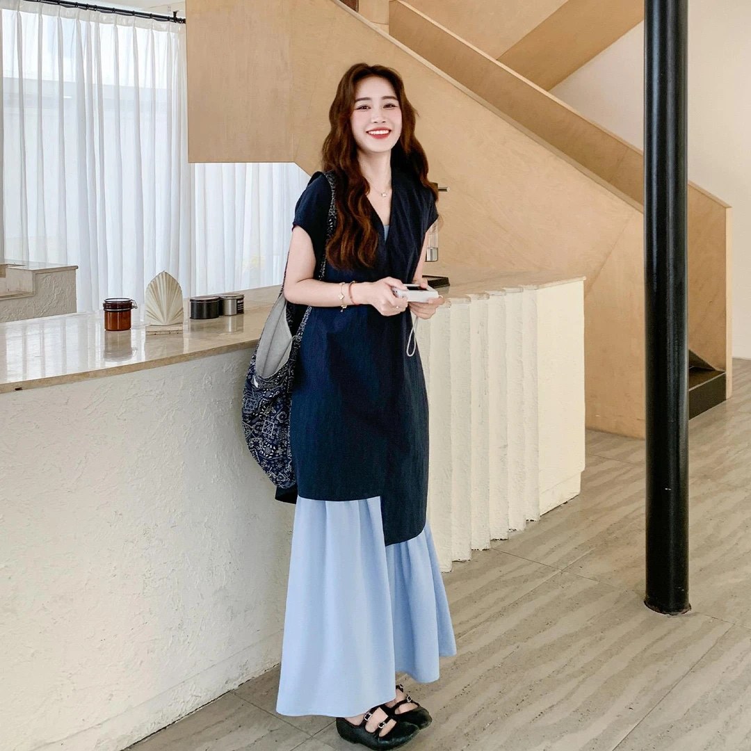 法式轻熟风不规则衬衫吊带连衣裙套装女夏日慵懒高级感长裙两件套