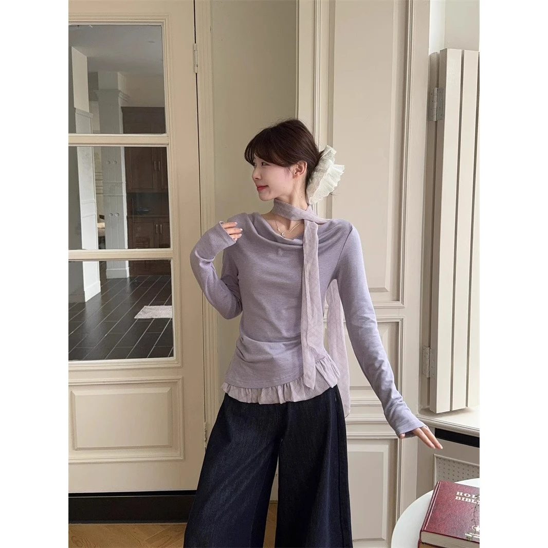 法式高级感长袖T恤女春季修身百搭春季新款飘带荡领褶皱收腰上衣