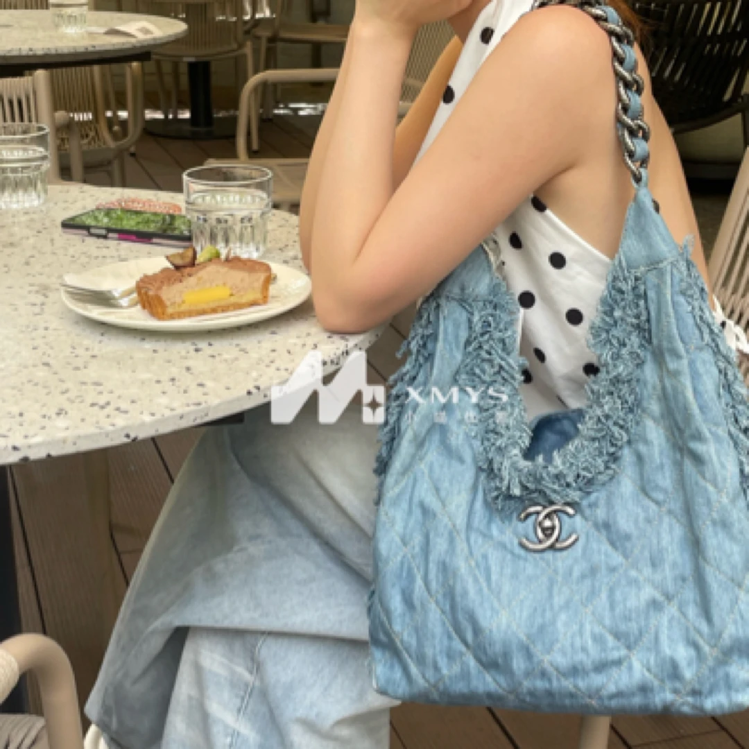 95新 Chanel/香奈儿 蓝色牛仔流苏熔岩链条hobo单肩包vintage复古
