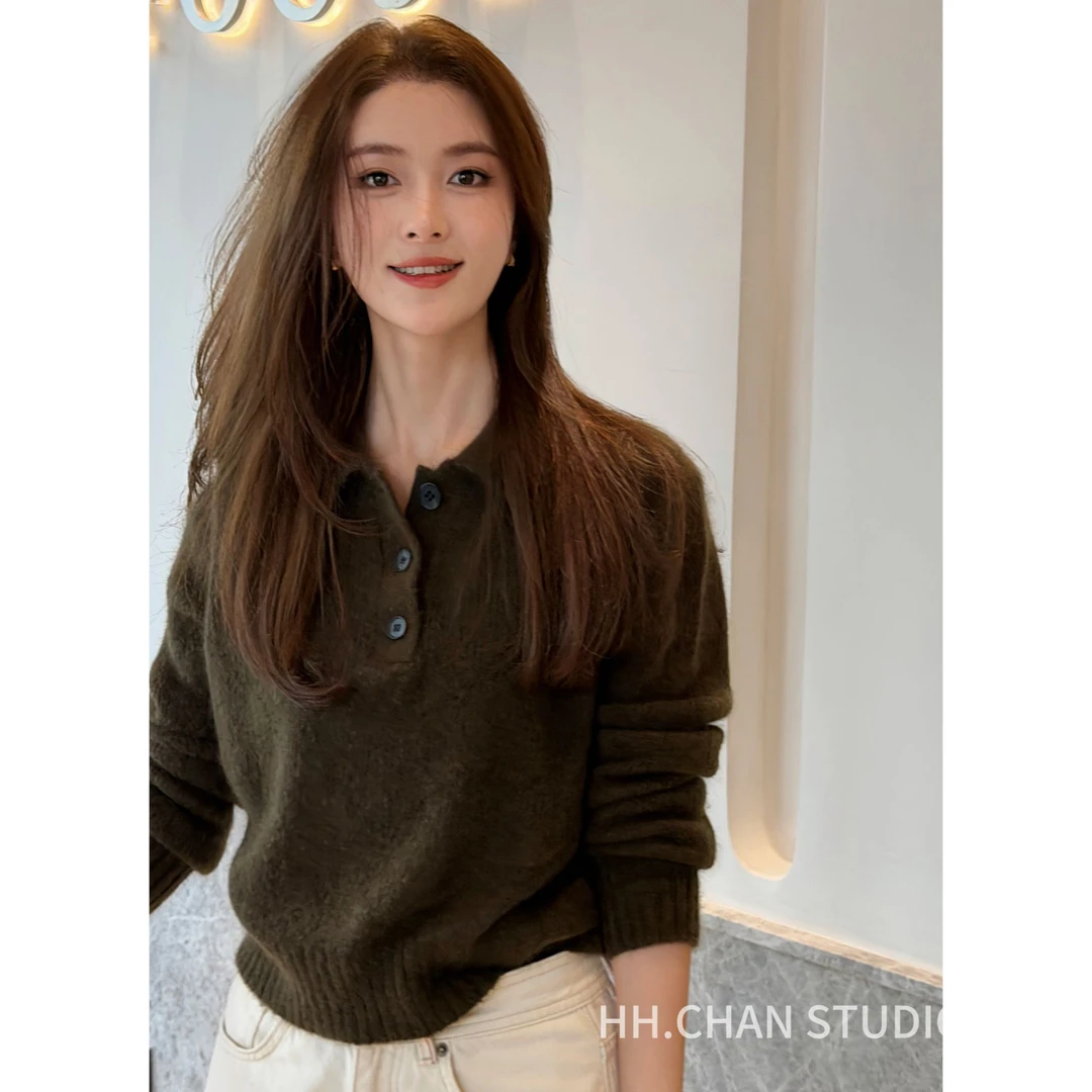 HH.CHAN“格调橄榄”山羊绒羊毛翻领橄榄绿显白显瘦上衣HH53G38992