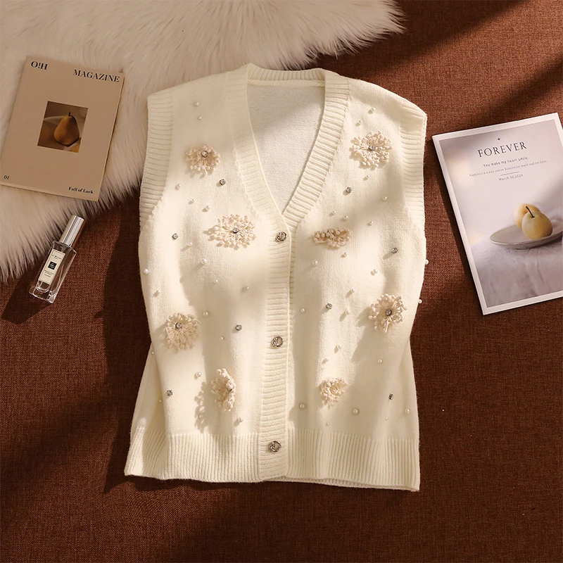 韩系重工钉珠立体花朵针织马甲背心女2025秋冬季新款叠穿坎肩上衣