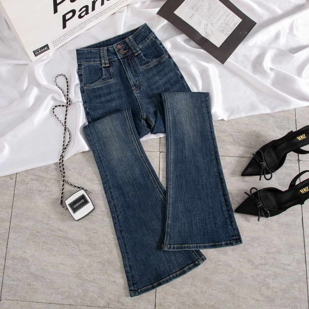 2025秋季复古高腰微喇叭牛仔裤女小个子百搭显瘦拖地喇叭长裤潮