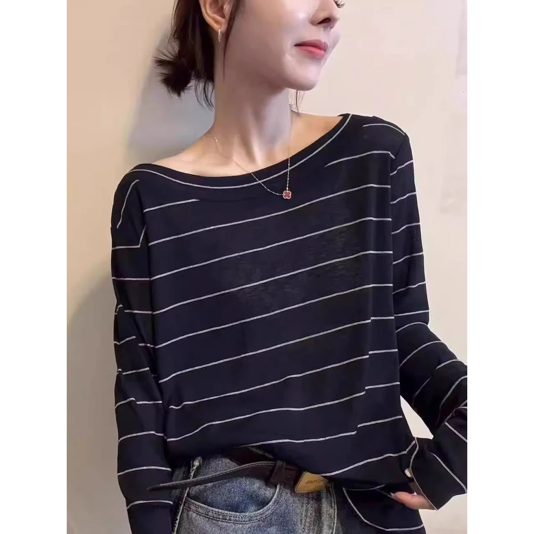 大码胖简约条纹一字肩上衣宽松长袖恤慵懒休闲百搭洋气打底衫黑色