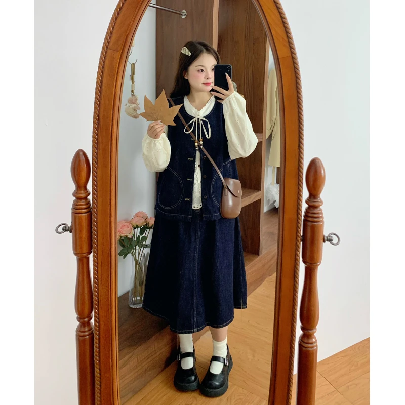 微胖mm大码女2025秋新款三件套复古牛仔马甲长袖衬衫牛仔套装
