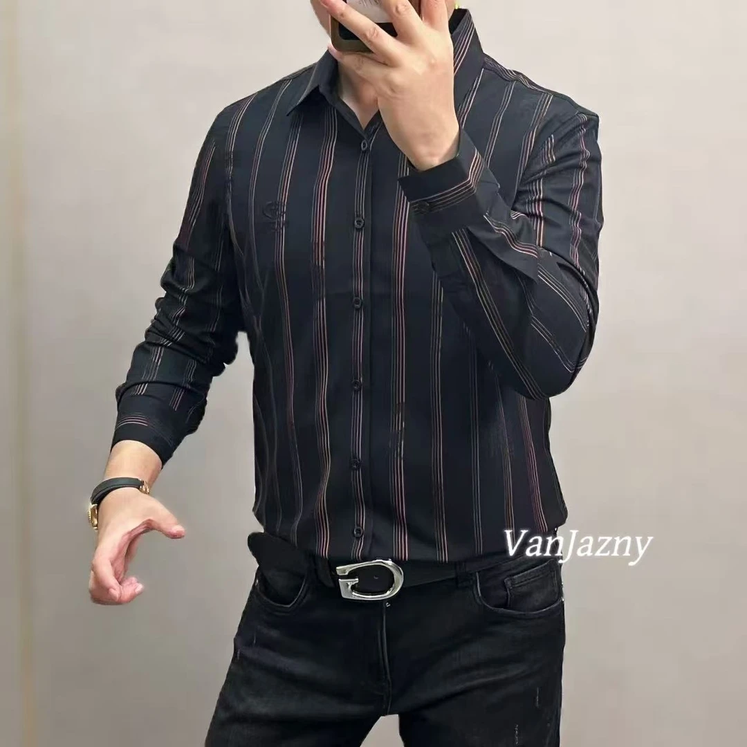 【VanJazny】新款高端男士时尚轻奢竖条纹翻领衬衫568-1