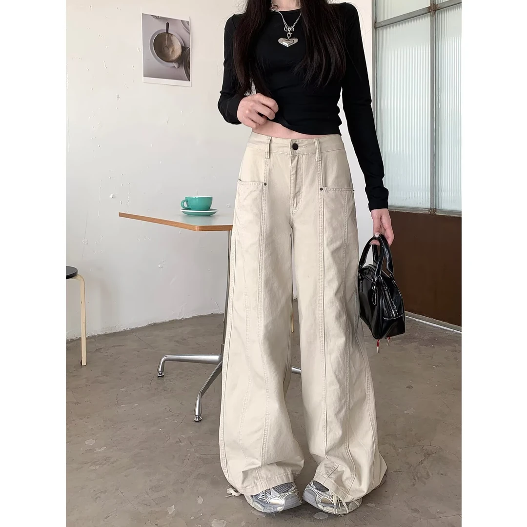 美式高腰阔腿牛仔裤女新款宽松显瘦百搭时尚工装长裤子2025春秋