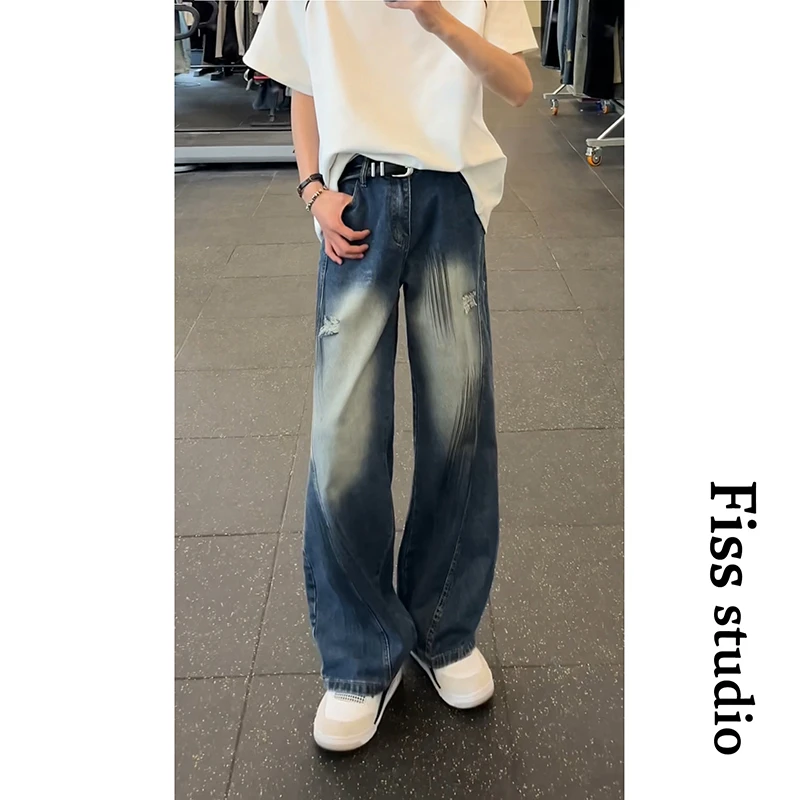 美式泼墨假破洞弯刀牛仔裤男秋冬宽松复古设计感假破洞牛仔裤男款