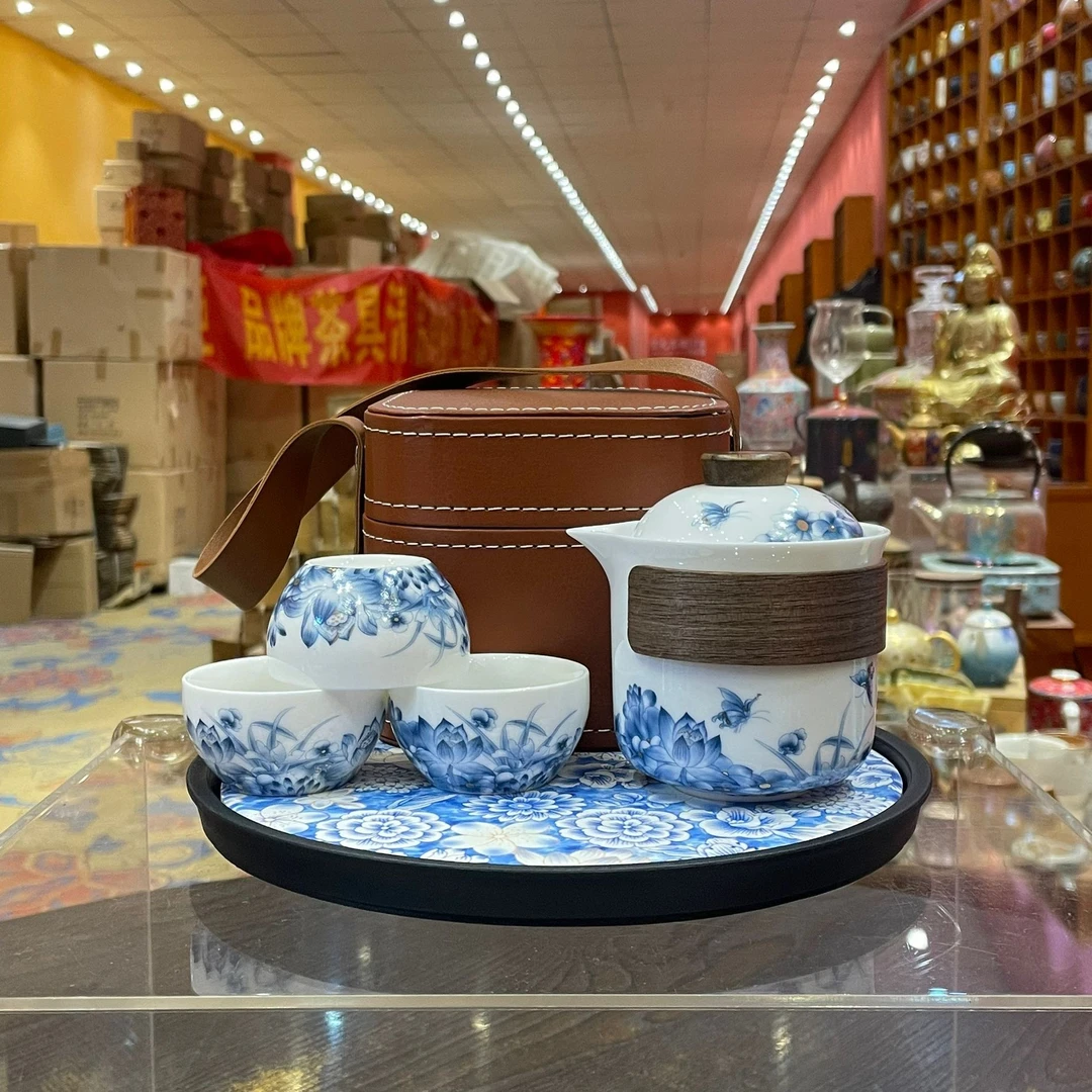 【闪购商品】羊脂玉蝶恋花快客配茶盘带包，999244