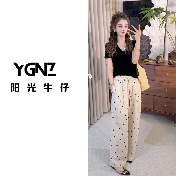 【阳光牛仔】“心动点点”亚麻刺绣波点窄版阔腿裤