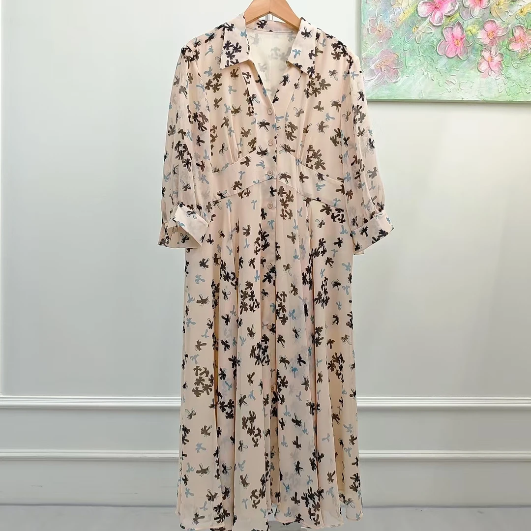 【杏色】夏季碎花气质轻奢时尚休闲女士潮流印花连衣裙D220