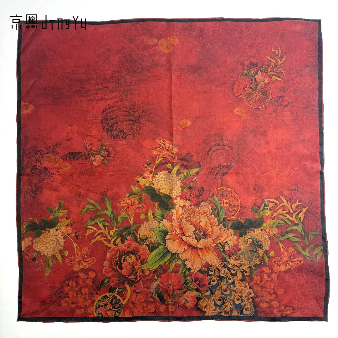 京榆 丨国韵牡丹丨100%桑蚕丝香云纱四经绞罗28姆米丝巾围巾方巾