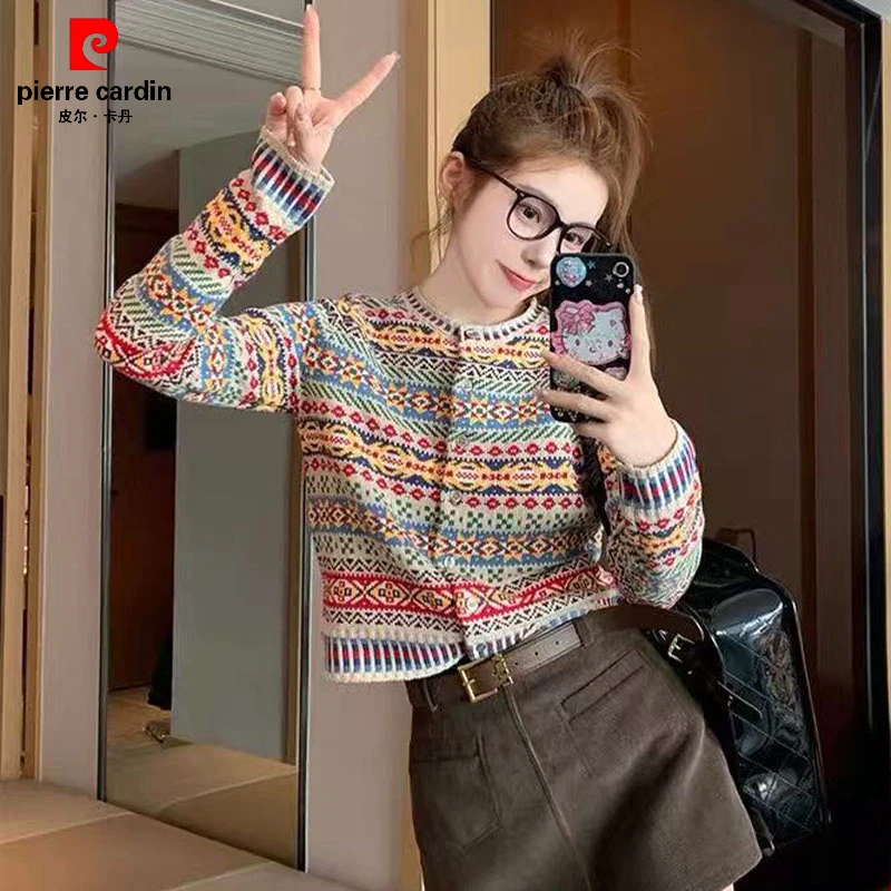 皮尔卡丹复古民族风正肩开衫毛衣外套女秋装薄款小个子短款针织内