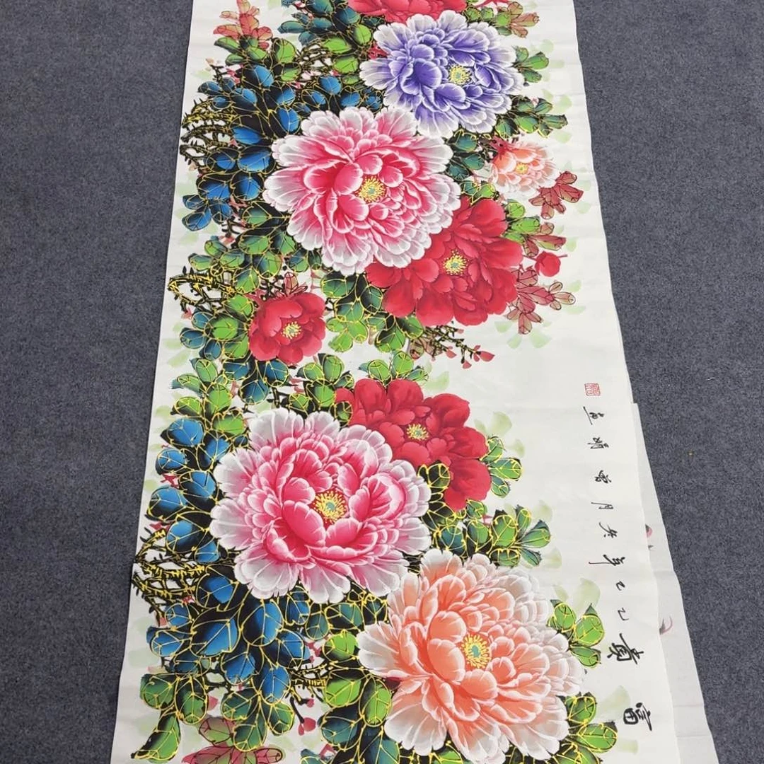 国画180×70水晶金线牡丹画画